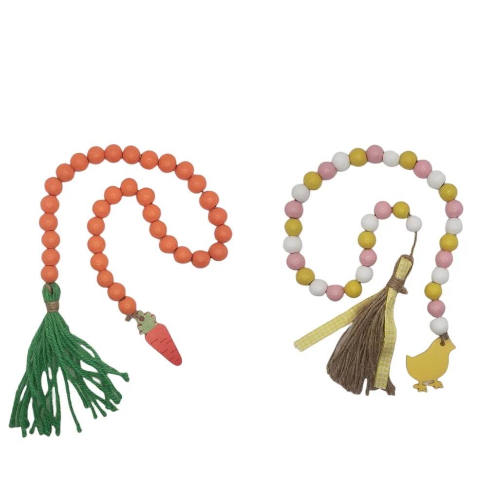 Easter Wooden Bead Garland with Tassel Set of Two Carrot Tag / Chick Tag Set